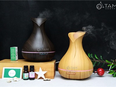 Máy khuếch tán tinh dầu Tulip cánh tròn vân gỗ phun khói siêu âm [Tặng tinh dầu] MKTTD-15